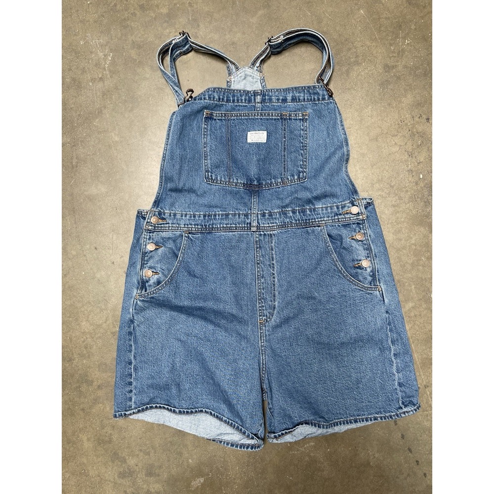 Levis Vintage Big E Overall Shorts Womens XL Blue Denim Shortalls Brass SOLD OUT